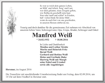 Traueranzeige von Manfred Weiß von Thüringer Allgemeine, Thüringische Landeszeitung