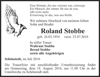 Traueranzeige von Roland Stobbe von Thüringer Allgemeine, Thüringische Landeszeitung