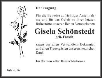 Traueranzeige von Gisela Schönstedt von Thüringer Allgemeine, Thüringische Landeszeitung