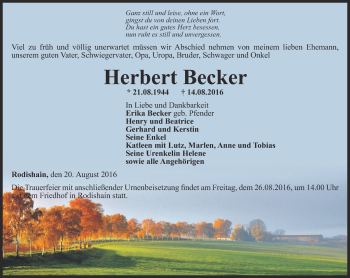 Traueranzeige von Herbert Becker von Thüringer Allgemeine