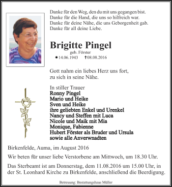 Traueranzeige von Brigitte Pingel von Thüringer Allgemeine