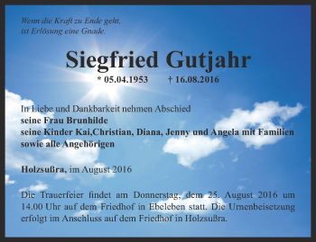 Traueranzeige von Siegfried Gutjahr von Thüringer Allgemeine