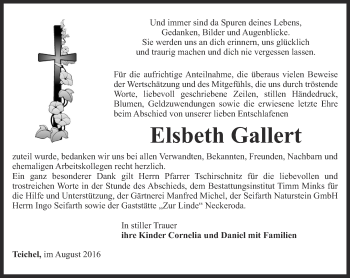 Traueranzeige von Elsbeth Gallert von Ostthüringer Zeitung