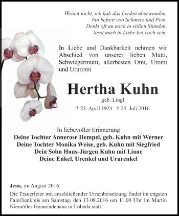 Traueranzeige von Hertha Kuhn von Ostthüringer Zeitung, Thüringische Landeszeitung