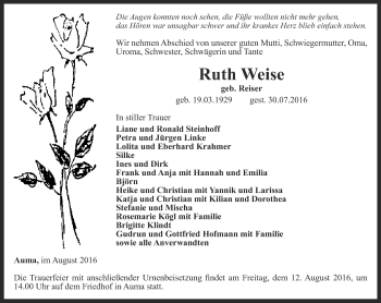 Traueranzeige von Ruth Weise von Ostthüringer Zeitung