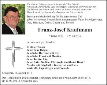 Traueranzeige von Franz-Josef Kaufmann von Thüringer Allgemeine