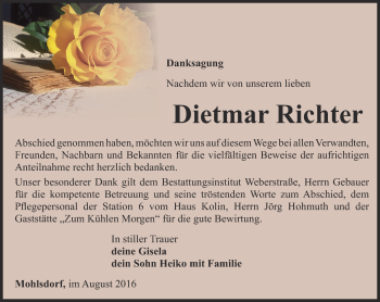 Traueranzeige von Dietmar Richter von Ostthüringer Zeitung