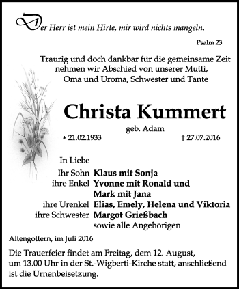 Traueranzeige von Christa Kummert von Thüringer Allgemeine, Thüringische Landeszeitung