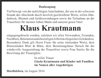 Traueranzeige von Klaus Krautmann von Thüringer Allgemeine