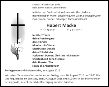 Traueranzeige von Hubert Macke von Thüringer Allgemeine