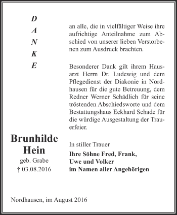 Traueranzeige von Brunhilde Hein von Thüringer Allgemeine