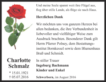 Traueranzeige von Charlotte Schmalz von Thüringer Allgemeine, Thüringische Landeszeitung