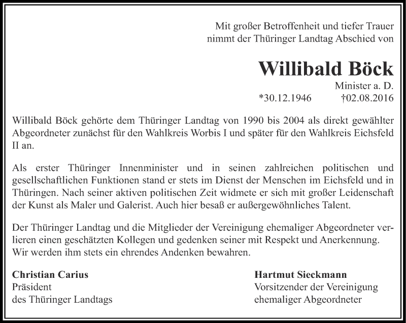 Traueranzeige für Willibald Böck vom 06.08.2016 aus Thüringer Allgemeine, Thüringische Landeszeitung, Ostthüringer Zeitung