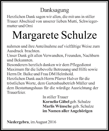 Traueranzeige von Margarete Schulze von Thüringer Allgemeine