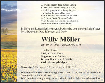 Traueranzeige von Willy Möller von Thüringer Allgemeine, Thüringische Landeszeitung