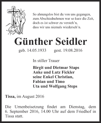 Traueranzeige von Günther Seidler von Ostthüringer Zeitung