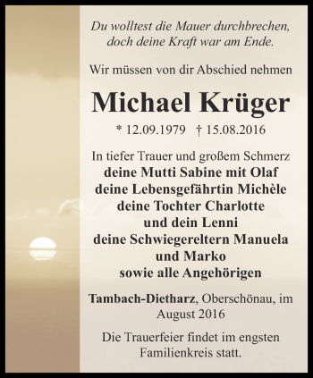 Traueranzeige von Michael Krüger von Ostthüringer Zeitung, Thüringische Landeszeitung