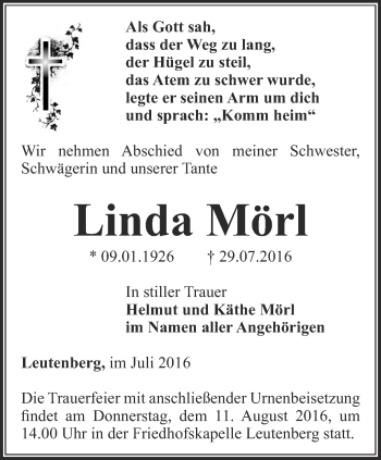 Traueranzeige von Linda Mörl von Ostthüringer Zeitung