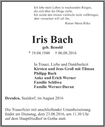 Traueranzeige von Iris Bach von Ostthüringer Zeitung, Thüringische Landeszeitung