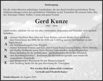 Traueranzeige von Gerd Kunze von Thüringer Allgemeine