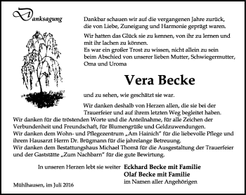 Traueranzeige von Vera Becke von Thüringer Allgemeine, Thüringische Landeszeitung