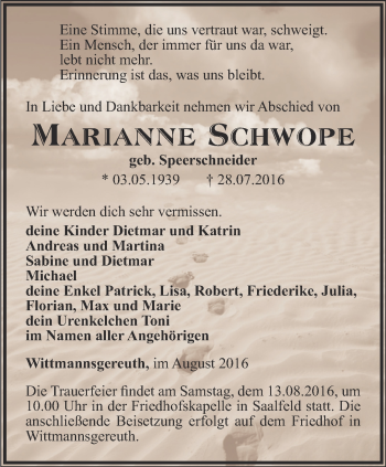 Traueranzeige von Marianne Schwobe von Ostthüringer Zeitung