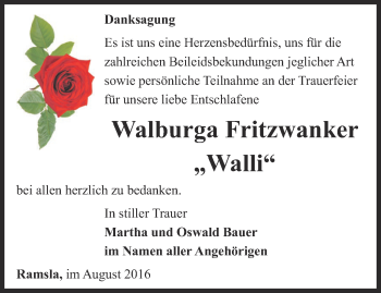 Traueranzeige von Walburga Fritzwanker von Thüringer Allgemeine, Thüringische Landeszeitung