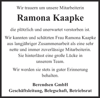 Traueranzeige von Ramona Kaapke von Ostthüringer Zeitung