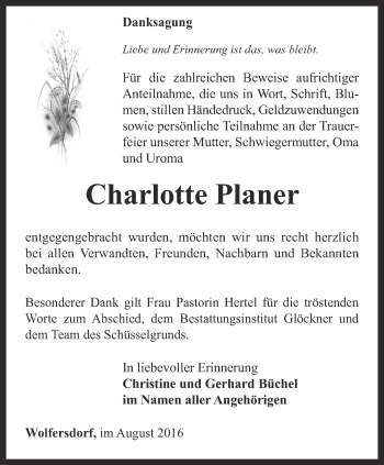 Traueranzeige von Charlotte Planer von Ostthüringer Zeitung