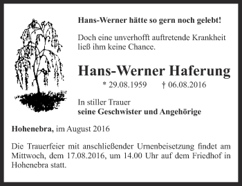 Traueranzeige von Hans-Werner Haferung von Thüringer Allgemeine