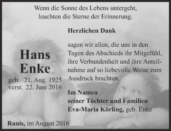 Traueranzeige von Hans Enke von Ostthüringer Zeitung