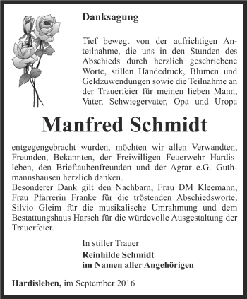 Traueranzeige von Manfred Schmidt von Thüringer Allgemeine