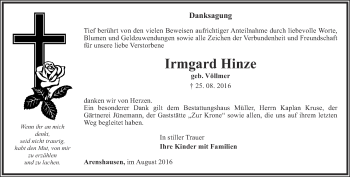 Traueranzeige von Irmgard Hinze von Thüringer Allgemeine