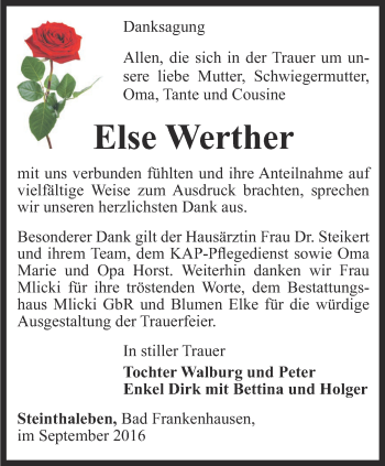 Traueranzeige von Else Werther von Thüringer Allgemeine