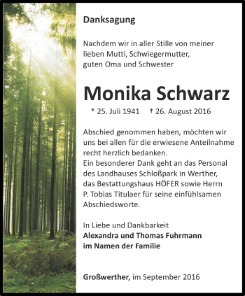 Traueranzeige von Monika Schwarz von Thüringer Allgemeine