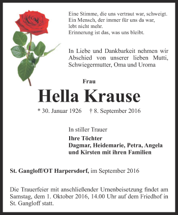 Traueranzeige von Hella krause von Ostthüringer Zeitung