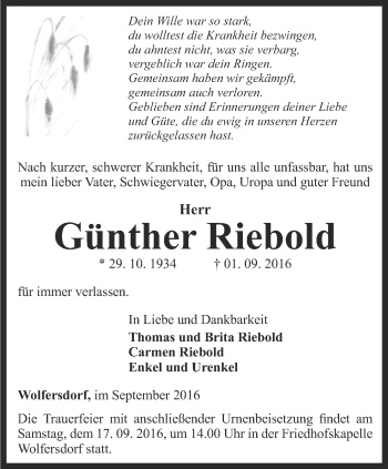 Traueranzeige von Günther Riebold von Ostthüringer Zeitung