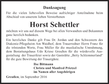 Traueranzeige von Horst Schettler von Thüringer Allgemeine