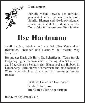 Traueranzeige von Ilse Hartmann von Ostthüringer Zeitung