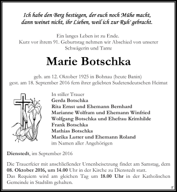 Traueranzeige von Marie Botschka von Thüringer Allgemeine