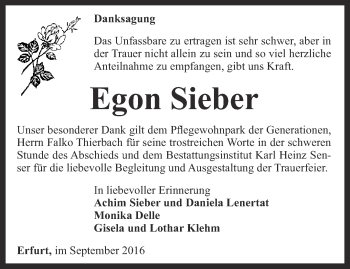 Traueranzeige von Egon Sieber von Thüringer Allgemeine, Thüringische Landeszeitung