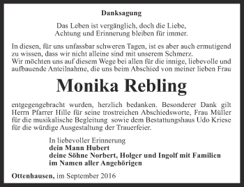 Traueranzeige von Monika Rebling von Thüringer Allgemeine