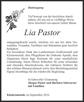 Traueranzeige von Lia Pastor von Thüringer Allgemeine, Thüringische Landeszeitung
