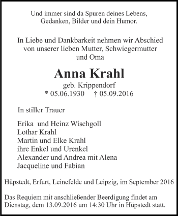 Traueranzeige von Anna Krahl von Thüringer Allgemeine, Thüringische Landeszeitung