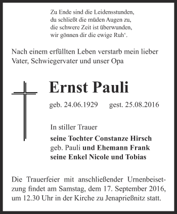 Traueranzeige von Ernst Pauli von Ostthüringer Zeitung, Thüringische Landeszeitung