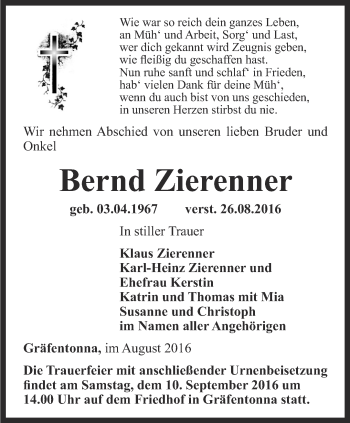 Traueranzeige von Bernd Zierenner von Ostthüringer Zeitung, Thüringische Landeszeitung