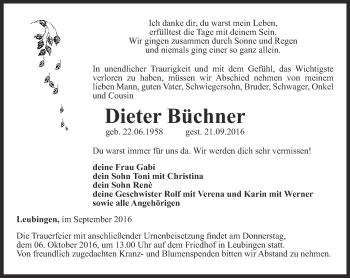 Traueranzeige von Dieter Büchner von Thüringer Allgemeine