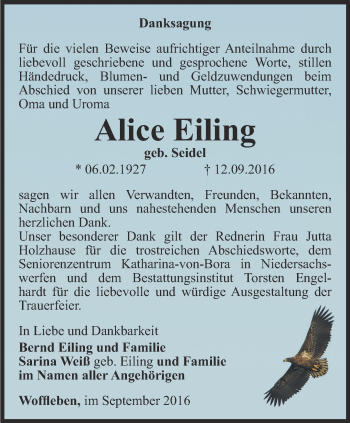 Traueranzeige von Alice Eiling von Thüringer Allgemeine