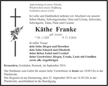 Traueranzeige von Käthe Franke von Thüringer Allgemeine