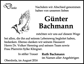 Traueranzeige von Günter Bachmann von Thüringer Allgemeine, Thüringische Landeszeitung